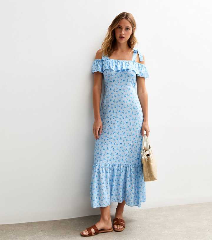 Blue Floral Print Tie Shoulder Ruffled Midi Dress