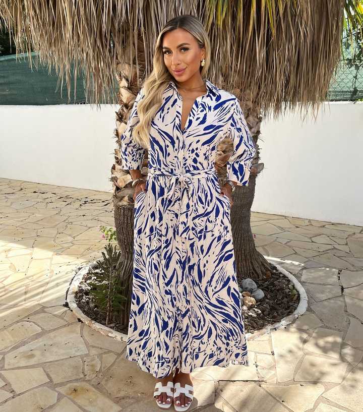 AX Paris Blue Brush Stroke Print Crop Sleeve Midi Shirt Dress