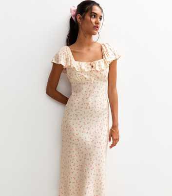 Cream Ditsy Print Square Neck Frill Trim Midi Dress