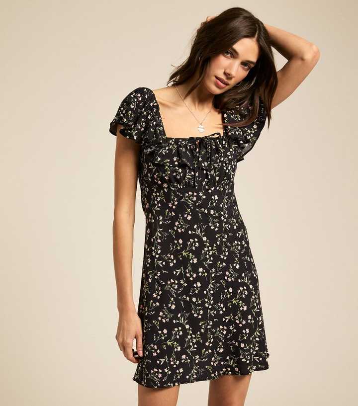 Black Floral Print Square Neck Mini Dress