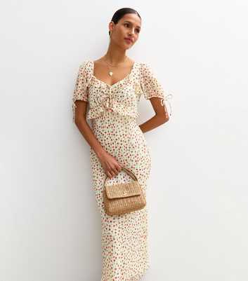 Cream Chiffon Floral Print Midi Dress