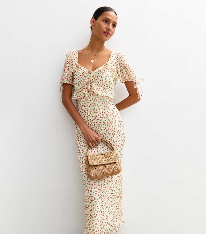 Cream Chiffon Floral Print Midi Dress