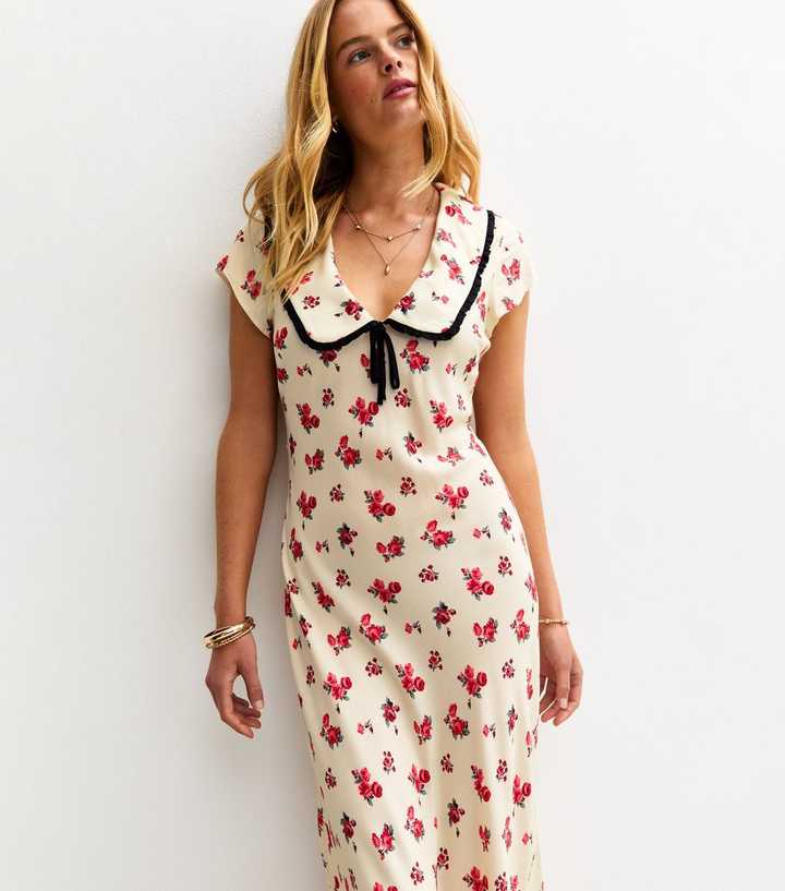 White Floral Print Collared Midi Dress