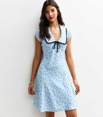 Light Blue Floral Print Collared Mini Dress