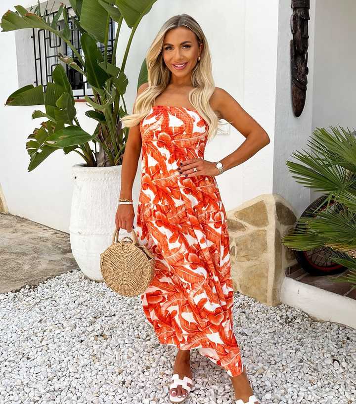 AX Paris Orange Leaf Print Tie Neck Shirred Smock Midi Dress