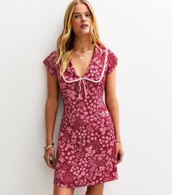 Burgundy Floral Print Collared Mini Dress