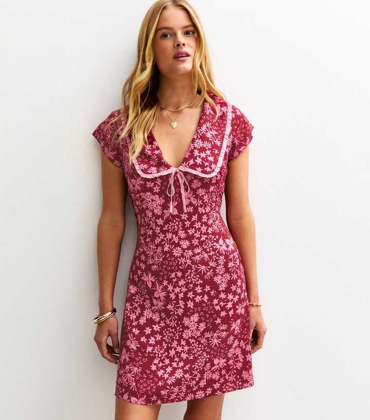 Burgundy Floral Print Collared Mini Dress