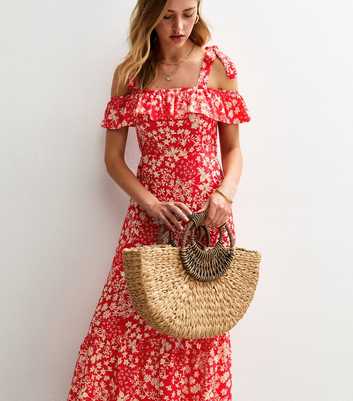 Red Floral Print Shoulder Tie Ruffled Midi Dress