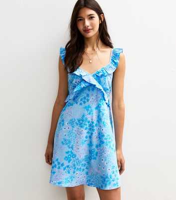 Blue Floral Print Ruffle Front Mini Dress