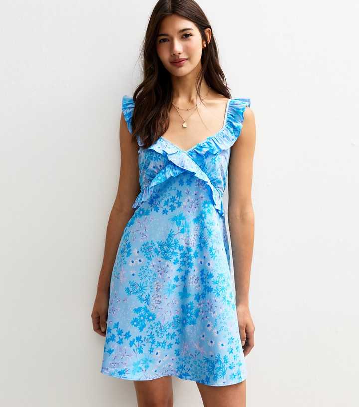 Blue Floral Print Ruffle Front Mini Dress