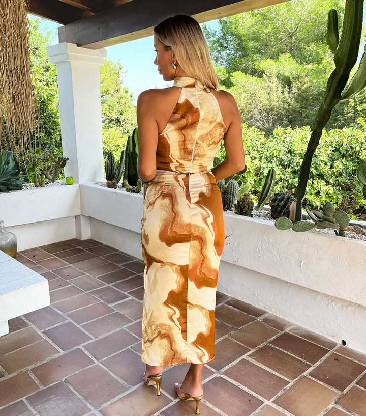 AX Paris Brown Marble Print Halter Neck Maxi Dress | New Look