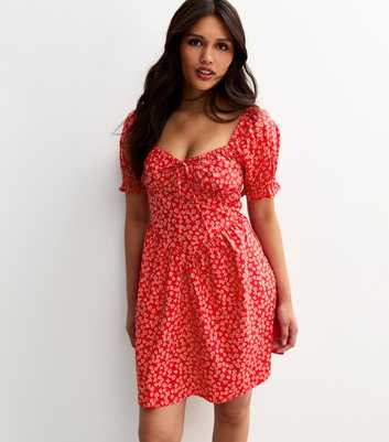 Red Floral Print Puff Sleeve V Front Mini Dress