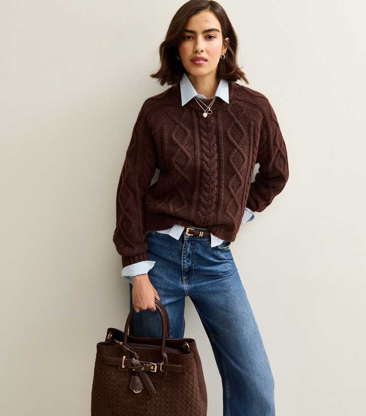 Brown Cable Knit Raglan Sleeve Jumper