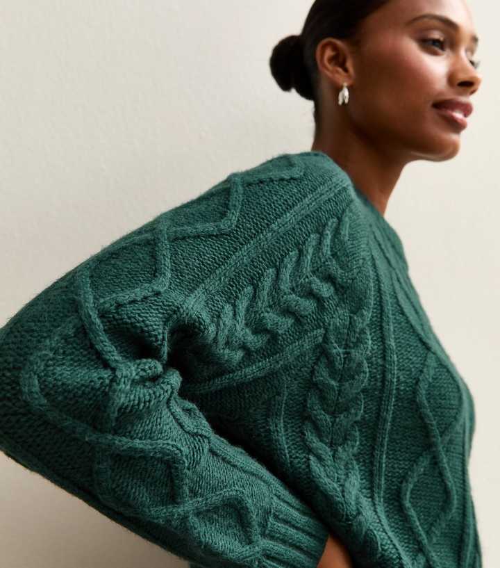 Dark Green Cable Knit Raglan Sleeve Jumper