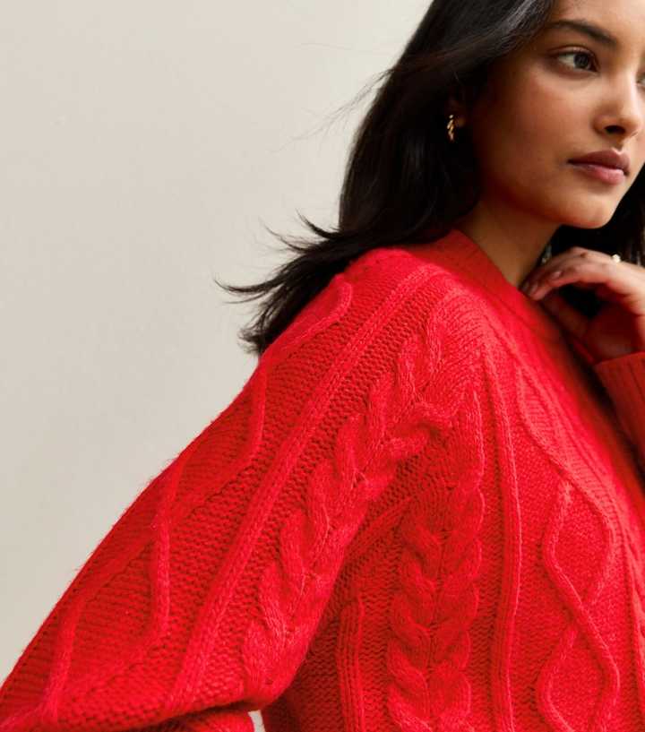 Red Cable Knit Raglan Sleeve Jumper