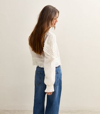 Petite Off White Long Sleeve Pintucked Cropped Blouse | New Look