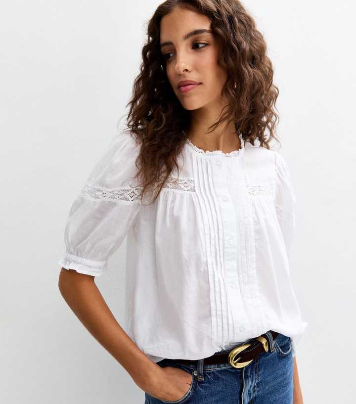 Tall White Pintuck Lace Trim Puff Sleeve Shirt