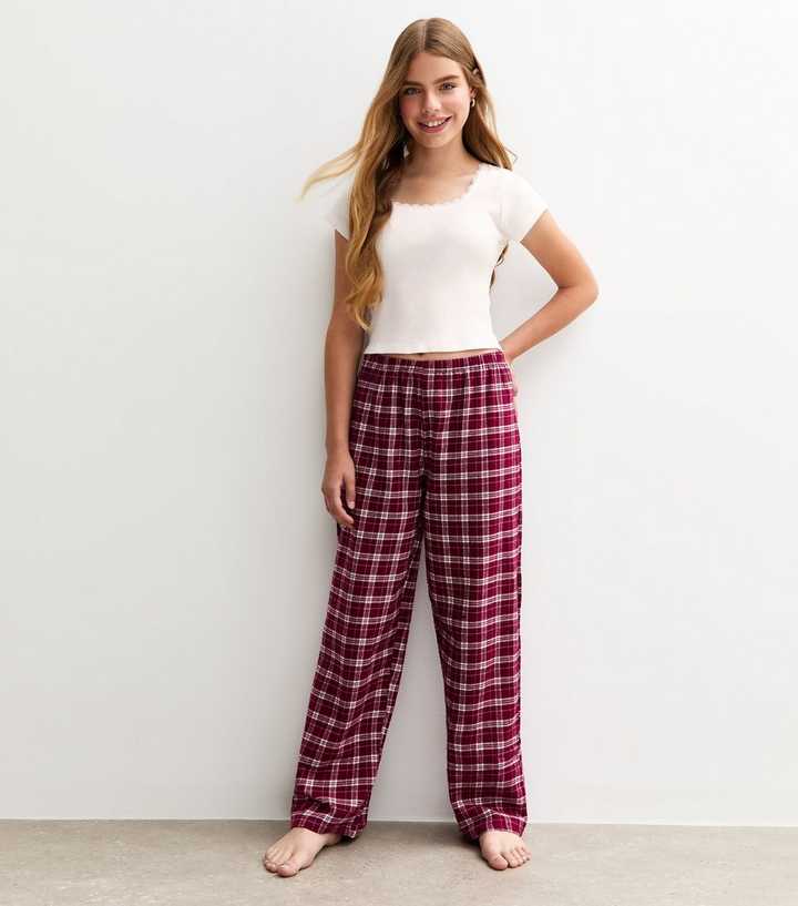 Girls White Short Sleeve Top and Burgundy Checked Trousers Pyjamas Set