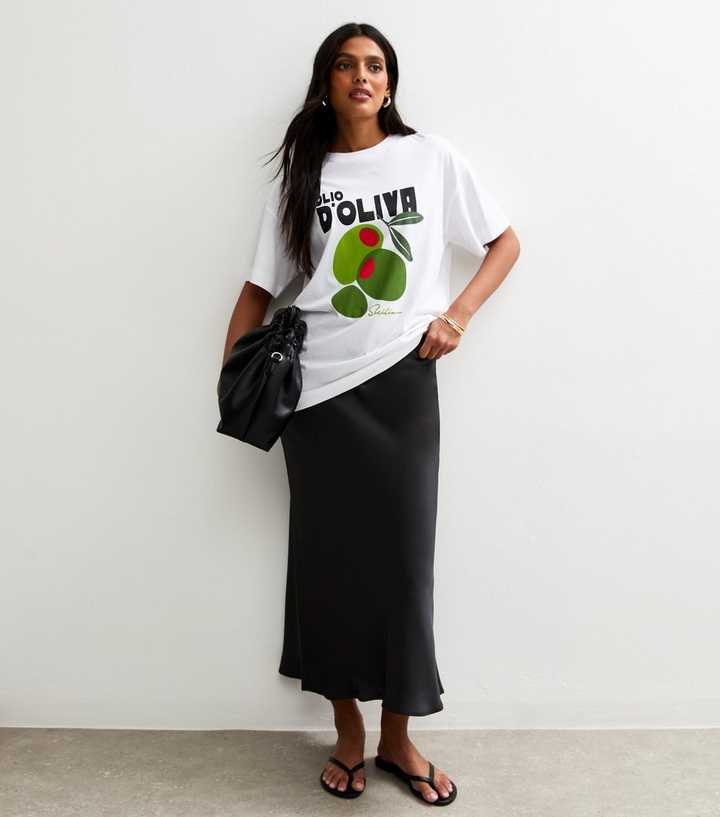 Black Bias Cut Satin Midi Skirt