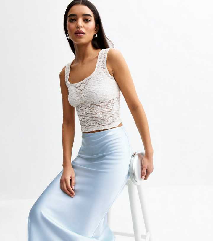 Light Blue Bias Cut Satin Midi Skirt
