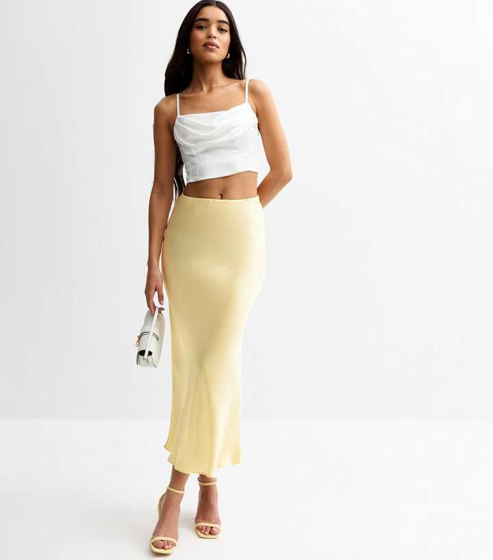 Light Yellow Bias Cut Satin Midi Skirt