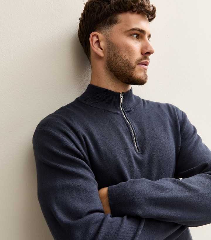 Premium Navy Relaxed Funnel Neck Quarter Zip Jumper