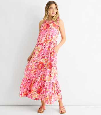 Gini London Pink Floral Print Tiered Midi Dress