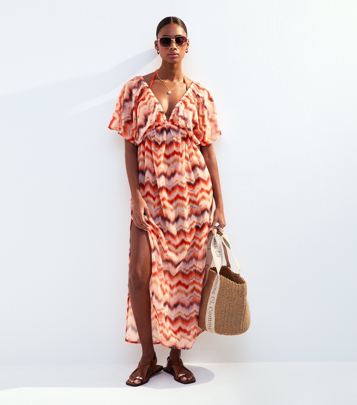 Women's Orange Zig Zag Print Short Sleeve Maxi Dress New Look