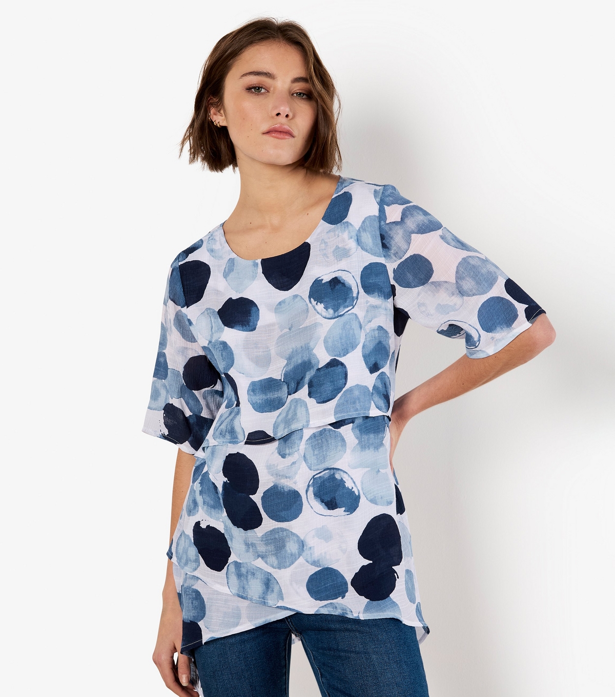 Women's Navy Layered Polka Dot Tunic Apricot New Look