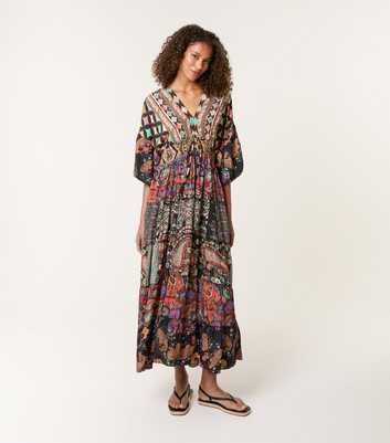 Blue Vanilla Multicoloured Abstract Print V-Neck Tiered Maxi Dress