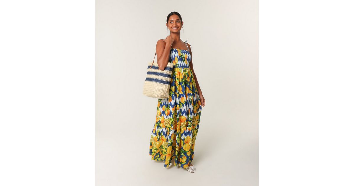 blue and yellow lemon dress Prosperina Elena Blue Lemon Linen Strapless Midi Dress, XS / Blue