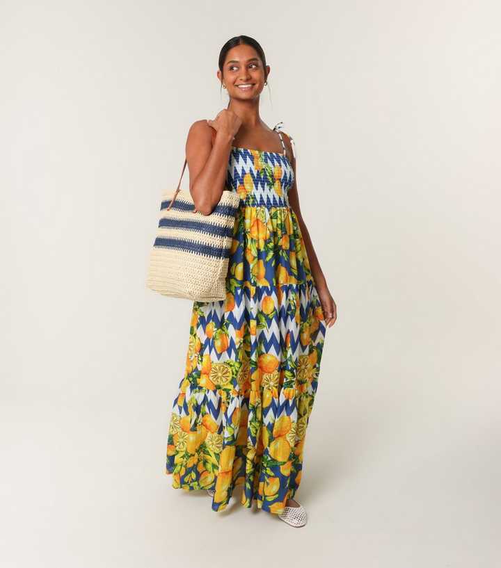 Blue Vanilla Yellow Lemon Print Maxi Dress