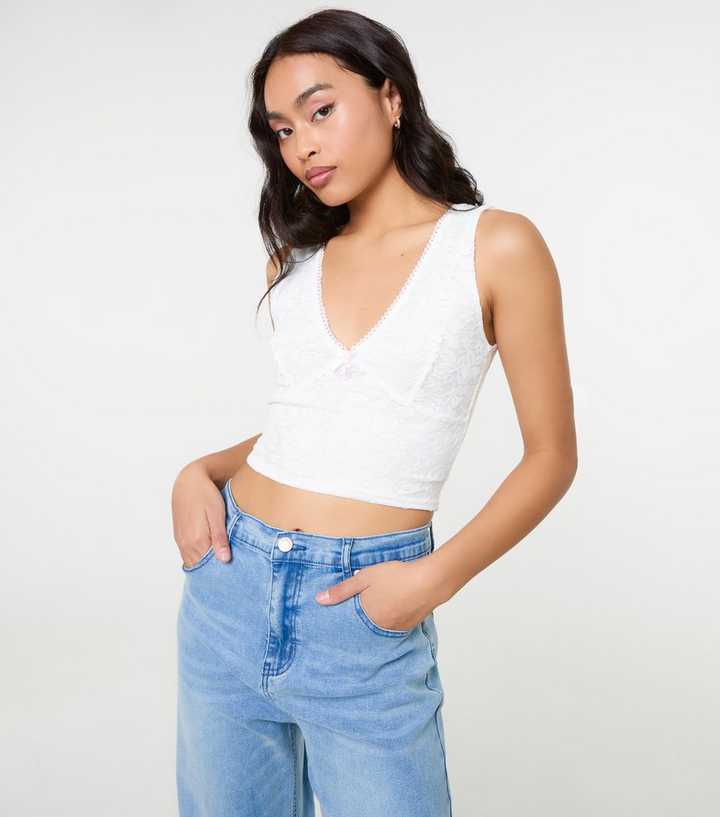 Pink Vanilla White Lace V Neck Crop Top