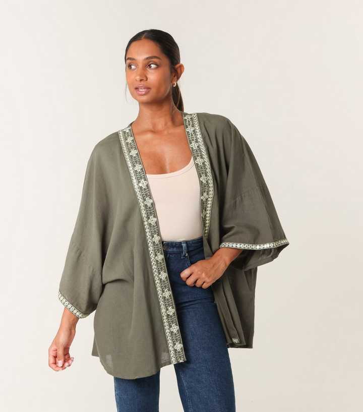 Blue Vanilla Khaki Embellished Kimono