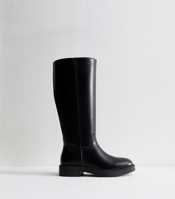 Black Faux Leather Knee High Riding Boots