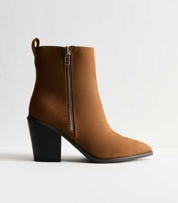 Wide Fit Tan Faux Suede Side Zip Heeled Ankle Boots