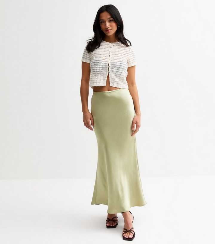 Petite Light Green Satin Midi Skirt