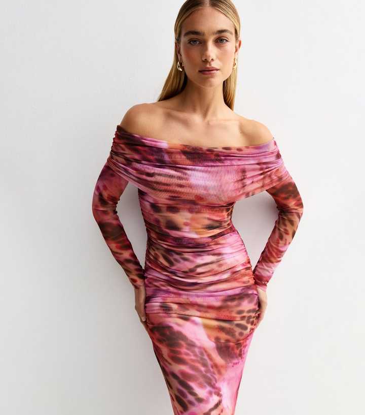 Pink Butterfly Print Mesh Bardot Midi Dress