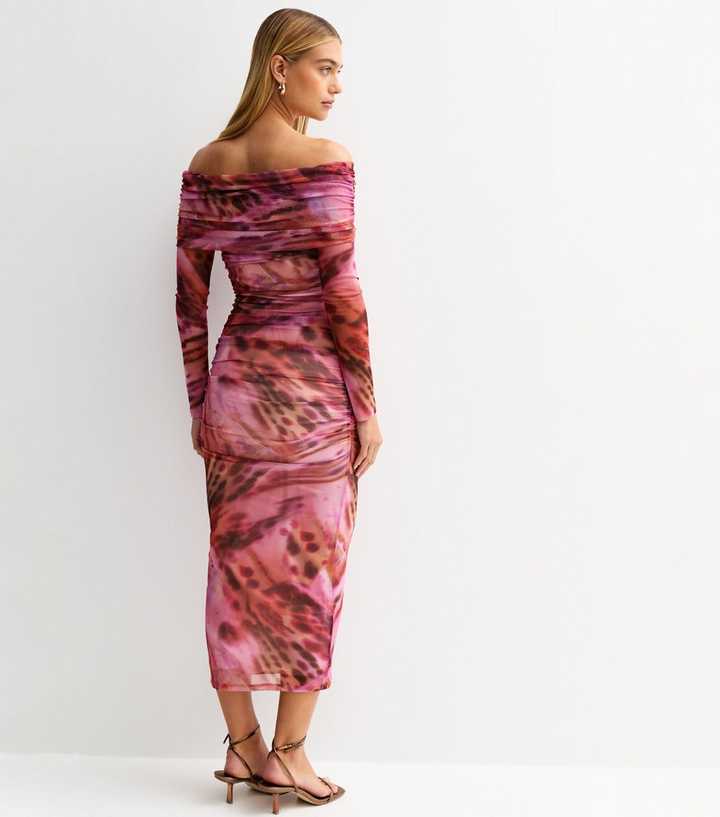 Pink Butterfly Print Mesh Bardot Midi Dress | New Look
