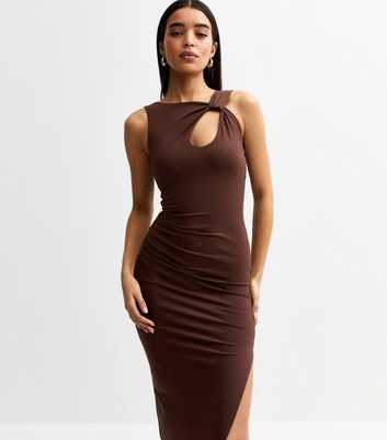 Brown Keyhole Neck Jersey Midi Dress