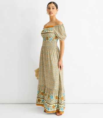 Gini London Cream Floral Print Off The Shoulder Maxi Dress