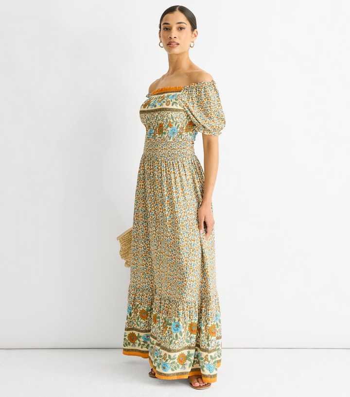 Gini London Cream Floral Print Off The Shoulder Maxi Dress