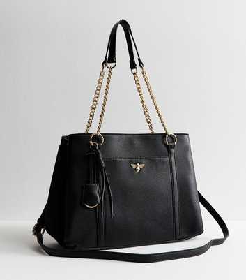 Black Faux Leather Bee Triple Compartment Tote Bag