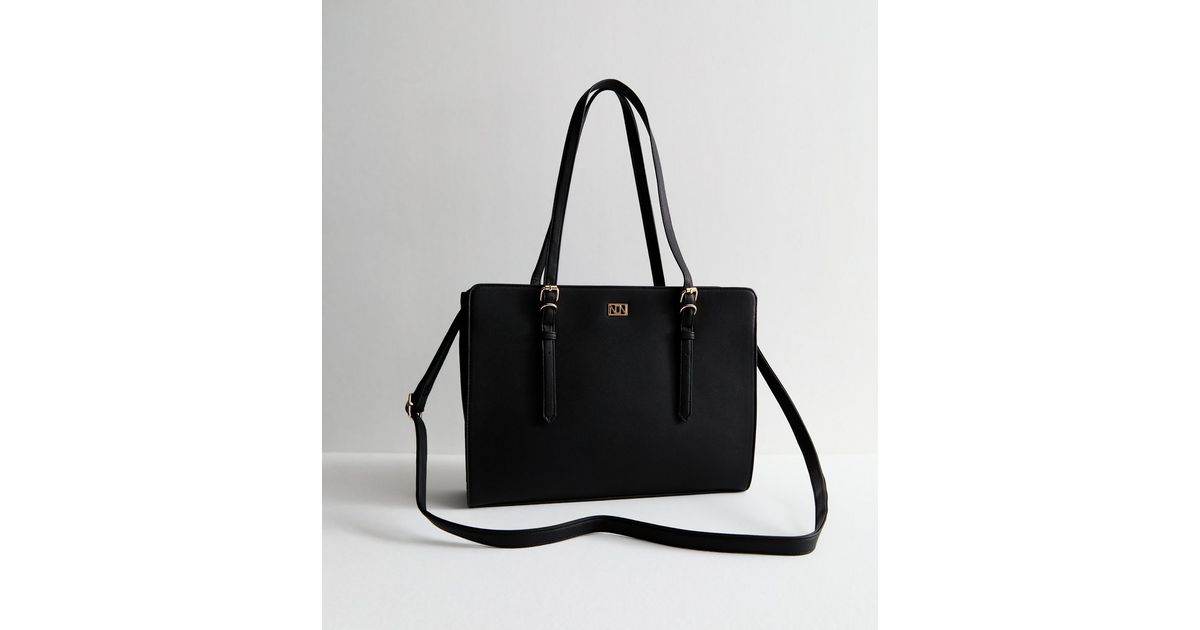 Black Faux Leather Boxy Laptop Tote Bag New Look