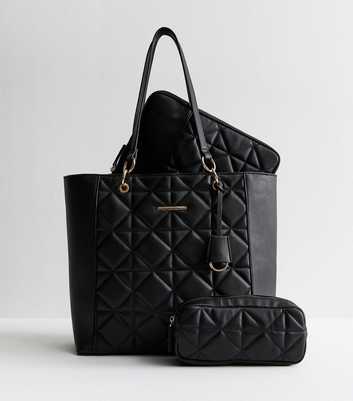 Black Faux Leather Diamond Quilted Tote Bag and Accessories Trio