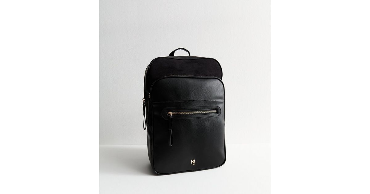 Black Faux Leather Logo Plaque Zip Backpack | New Look