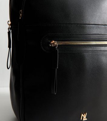Black Faux Leather Logo Plaque Zip Backpack | New Look