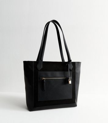 Black Faux Leather and Suede Lock Charm Tote Bag