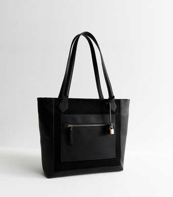 Black Faux Leather and Suede Lock Charm Tote Bag