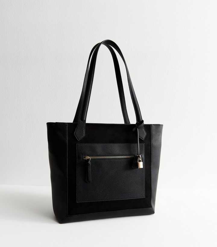 Black Faux Leather and Suede Lock Charm Tote Bag